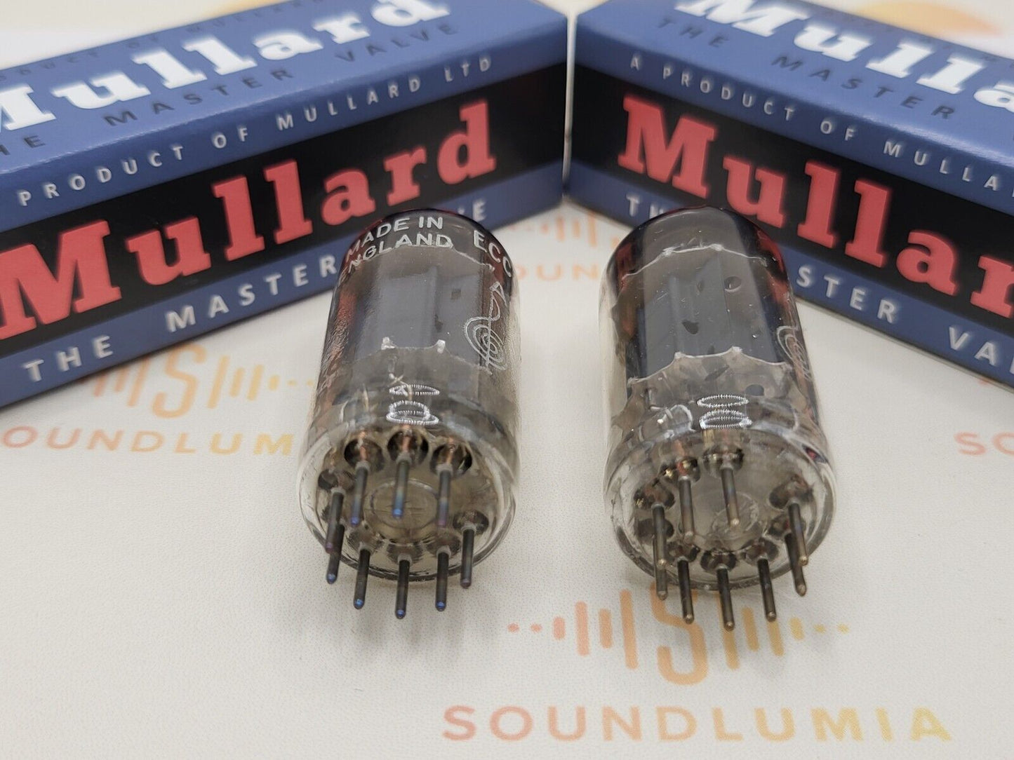 Mullard ECC82 Colored Tip Long Plates Matched Pair-Bugle Boy Label - Mitcham '58