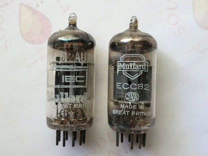 2x Mullard 12AU7 ECC82 Preamp Tubes - IEC + Shield Logos - Blackburn 1964/65 Gf2